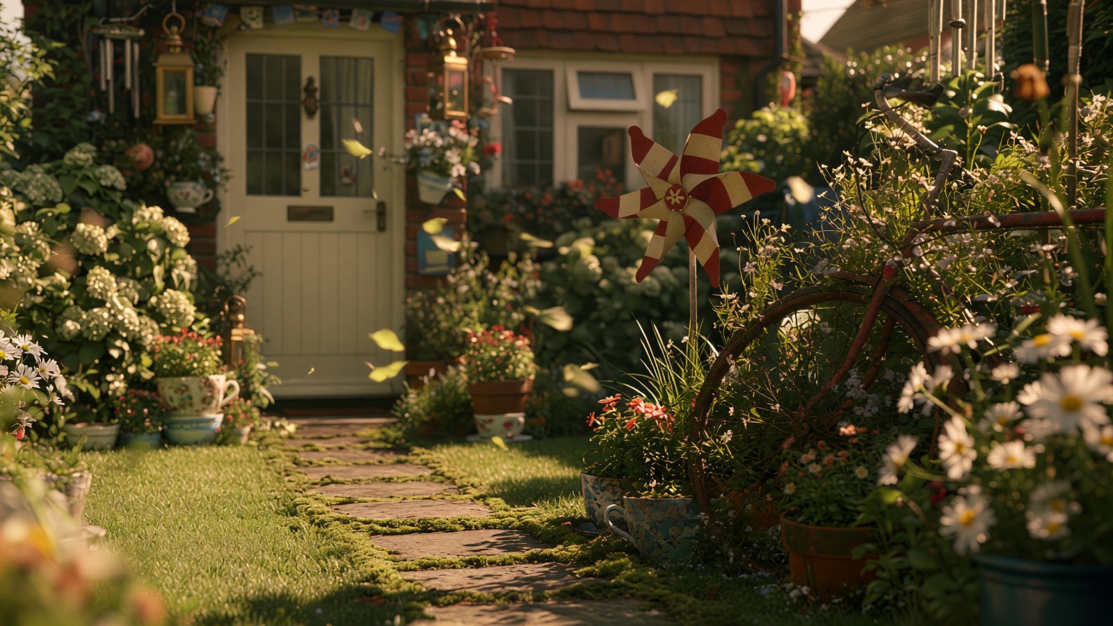 Reference still: cluttered cottage garden at golden hour, mossy path to a cream-painted front door, teacup planters, a red-and-cream pinwheel and a rusted bicycle wheel