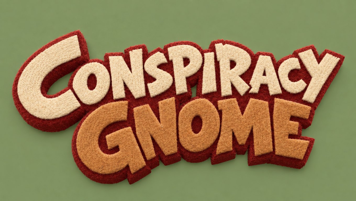 Conspiracy Gnome logo in chunky 3D block letters with a knit-felt texture, cream and tan with a deep rust-red outline, on a sage-green background