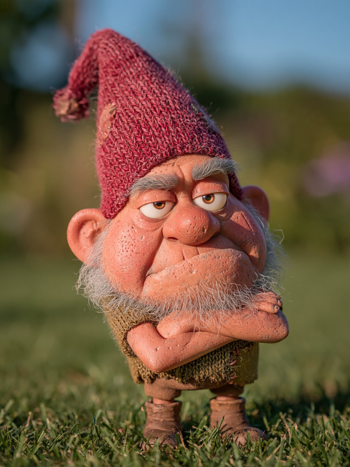 Stylized 3D garden gnome with a crimson knitted hat, bushy grey beard and folded arms, standing on grass in golden-hour light