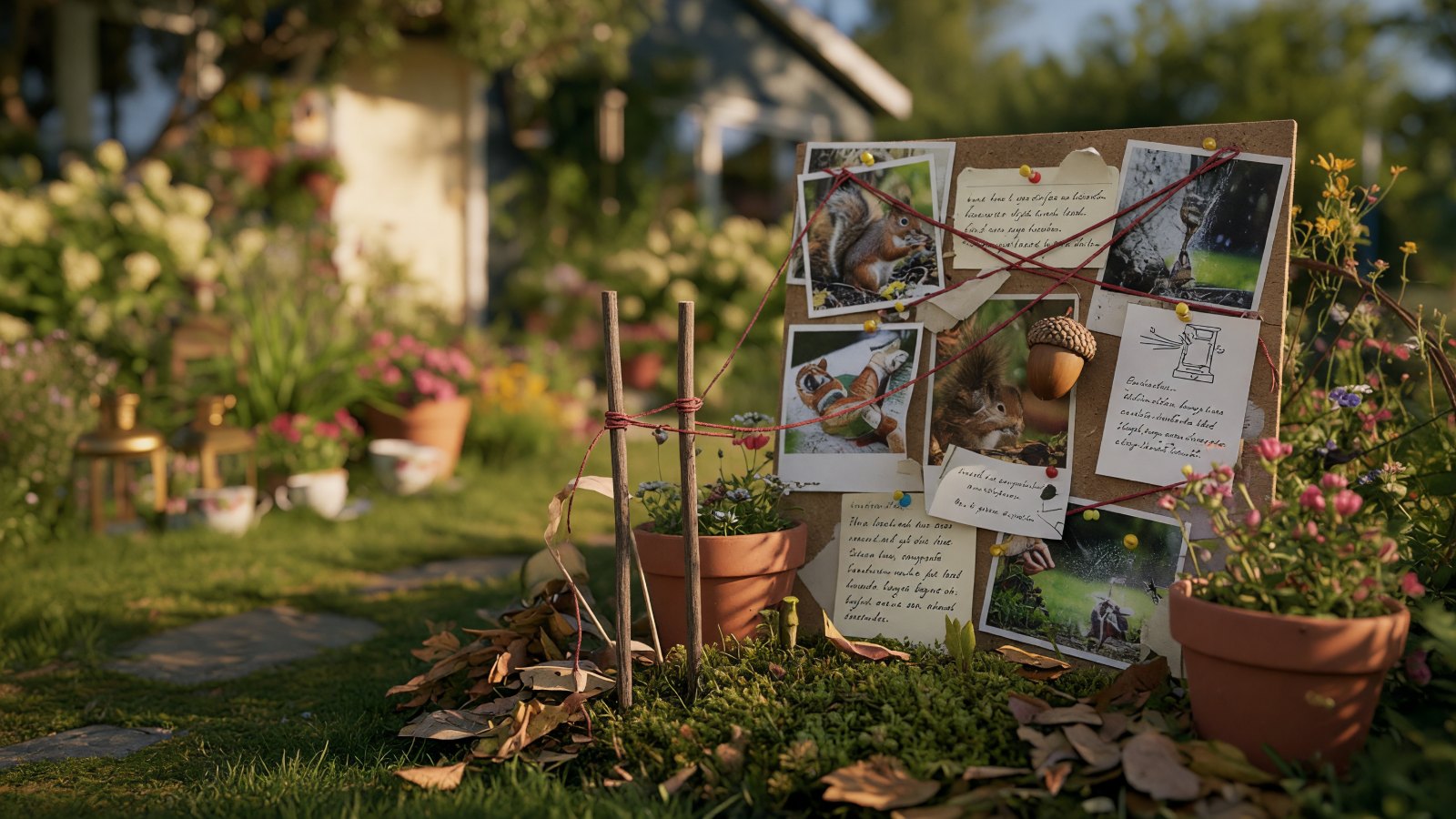 Reference still: miniature conspiracy evidence board at garden-gnome scale, red twine linking squirrel photos, handwritten notes, an acorn and a sprinkler diagram