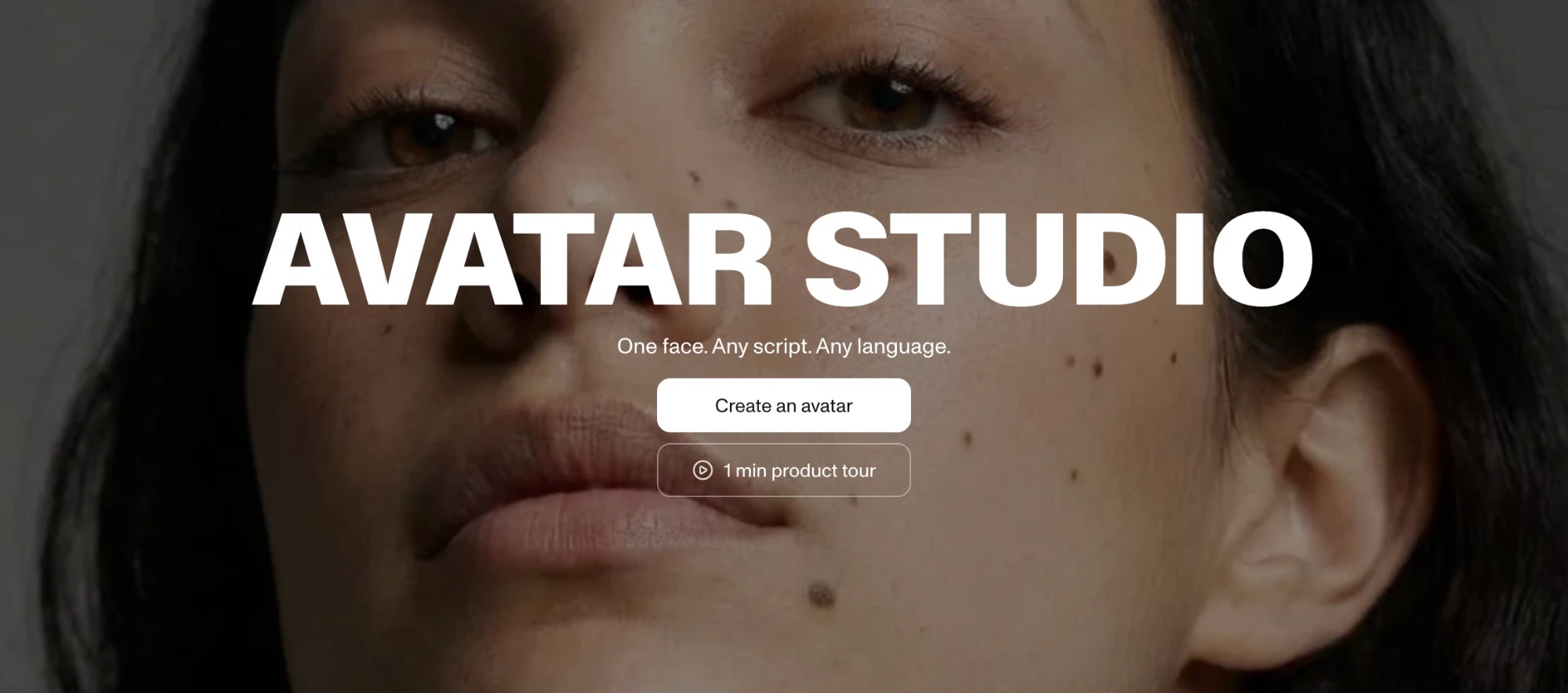 The MITO Avatar Studio landing screen: a close-up portrait behind the Avatar Studio wordmark, the line One face. Any script. Any language., and a Create an avatar button