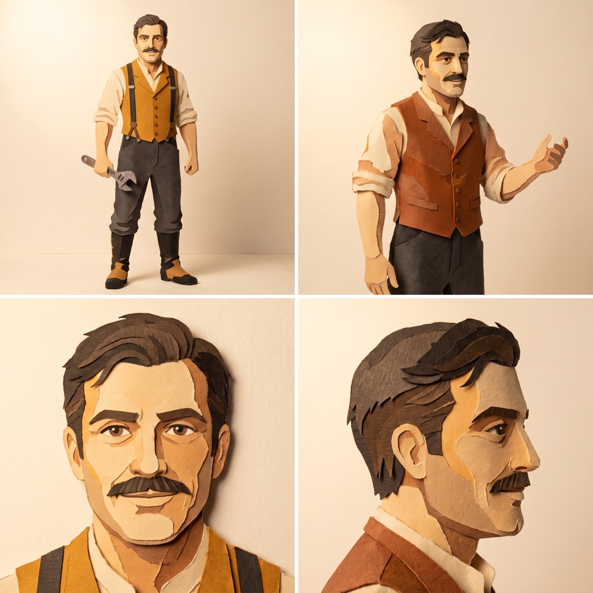 Character reference sheet for the inventor, built from layered construction paper: full body with a wrench, a three-quarter turn, and front and profile face close-ups