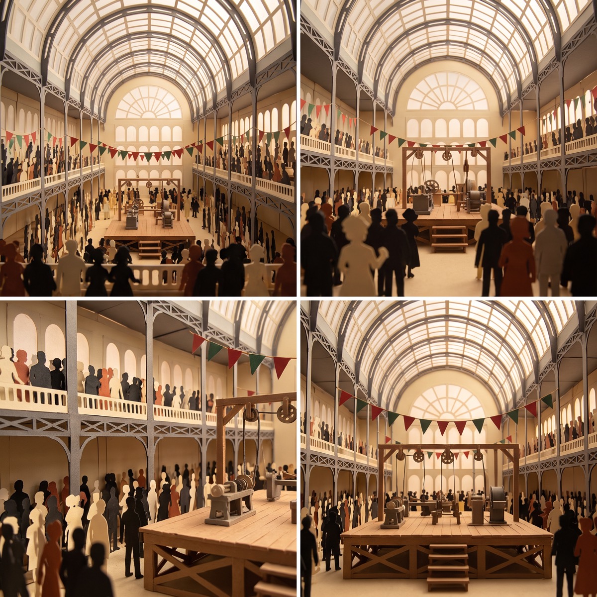 Location reference sheet for the exhibition hall, four angles of a paper-cutout glass-roofed Victorian hall with a crowd and a demonstration platform