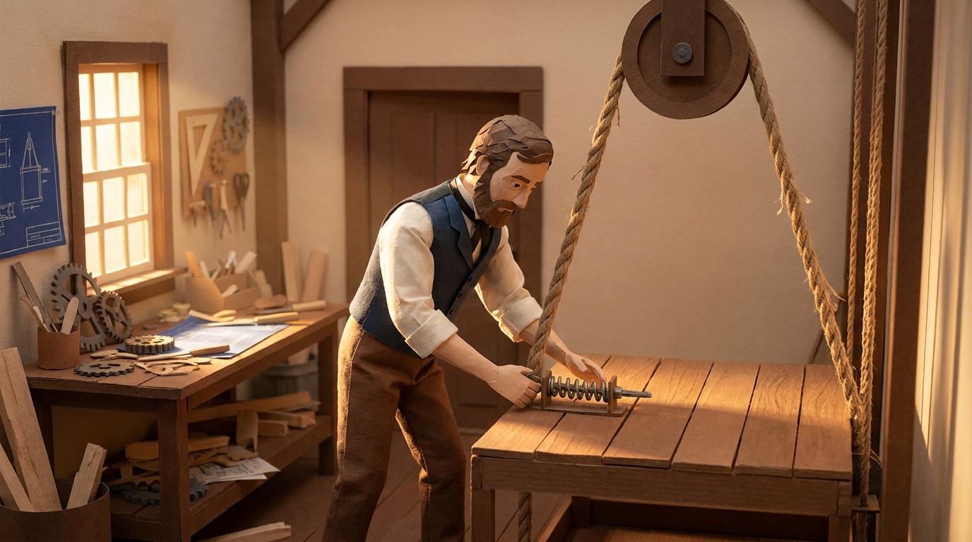 Scene two key frame with the character off model: full beard, blue vest and brown trousers