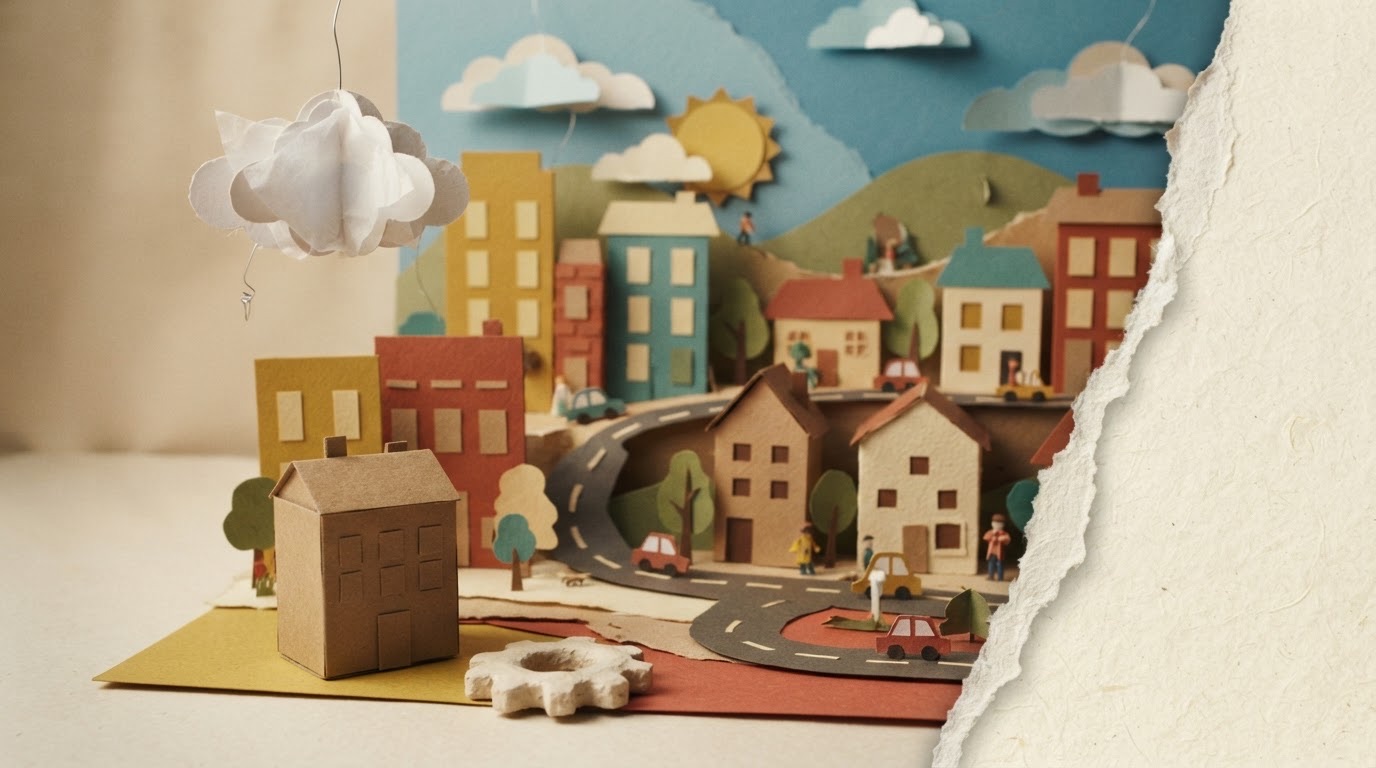 Style reference for the film: a construction paper town with layered card buildings, a winding road, paper clouds on wires and a torn paper edge at the frame