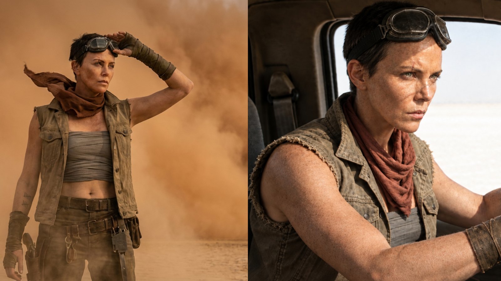 The same character held steady across shots: a desert mechanic in goggles, a rust-red scarf and a worn canvas vest