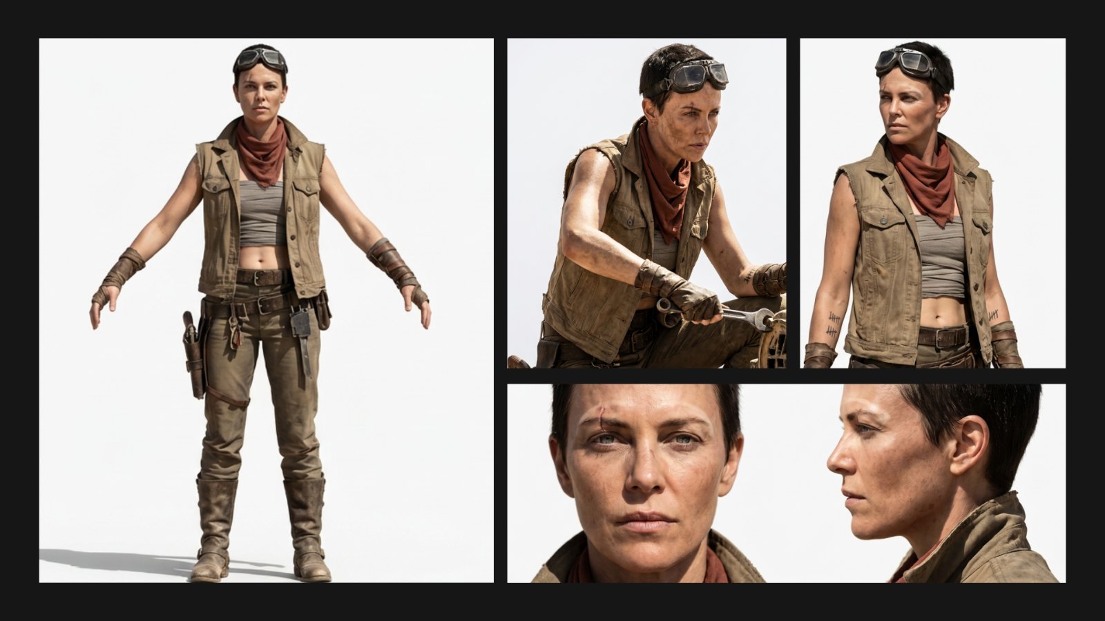 A character reference sheet: full-body front view on plain white, a three-quarter working shot, a side view, and front and profile face close-ups