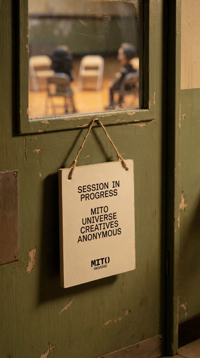 Session in progress — Creatives Anonymous sign on the gym door