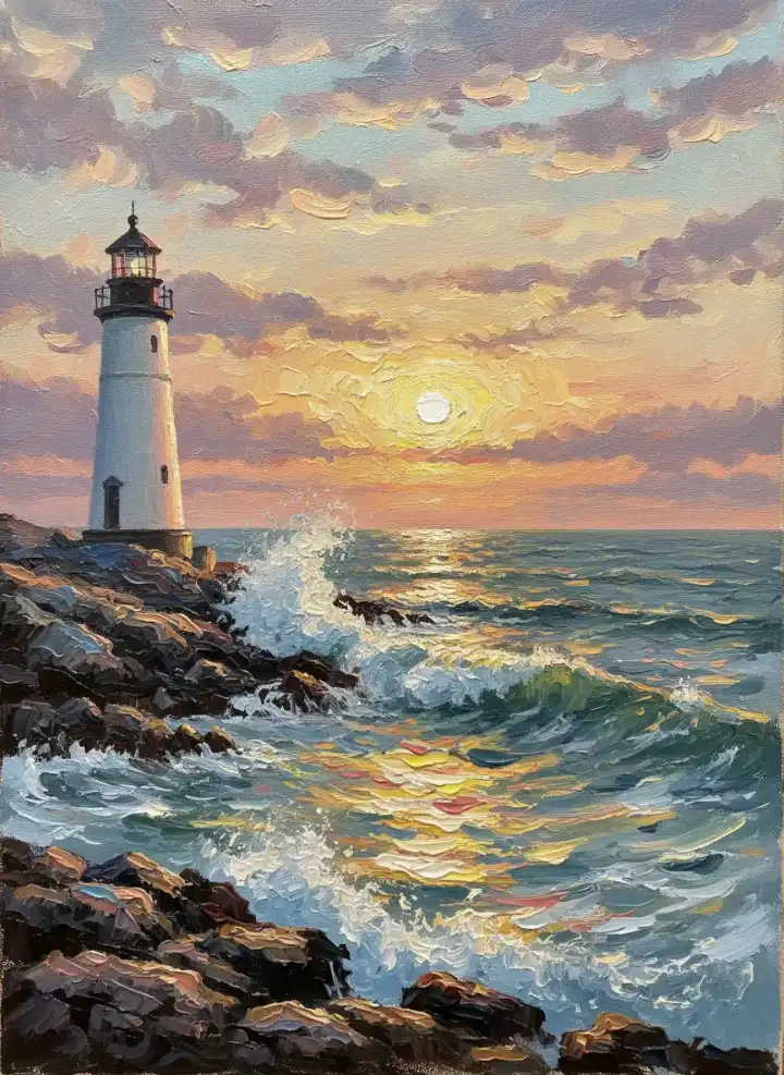 Lighthouse at sunset over a rocky coast generated by Flux 2 Pro