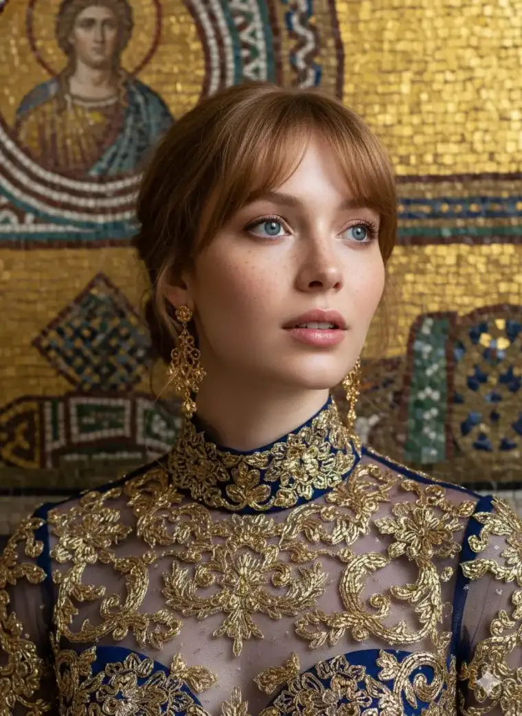 Editorial portrait against a golden mosaic generated by Flux 2 Pro