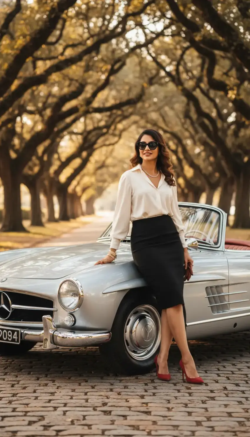 Editorial portrait with a vintage car generated by Flux 2 Pro