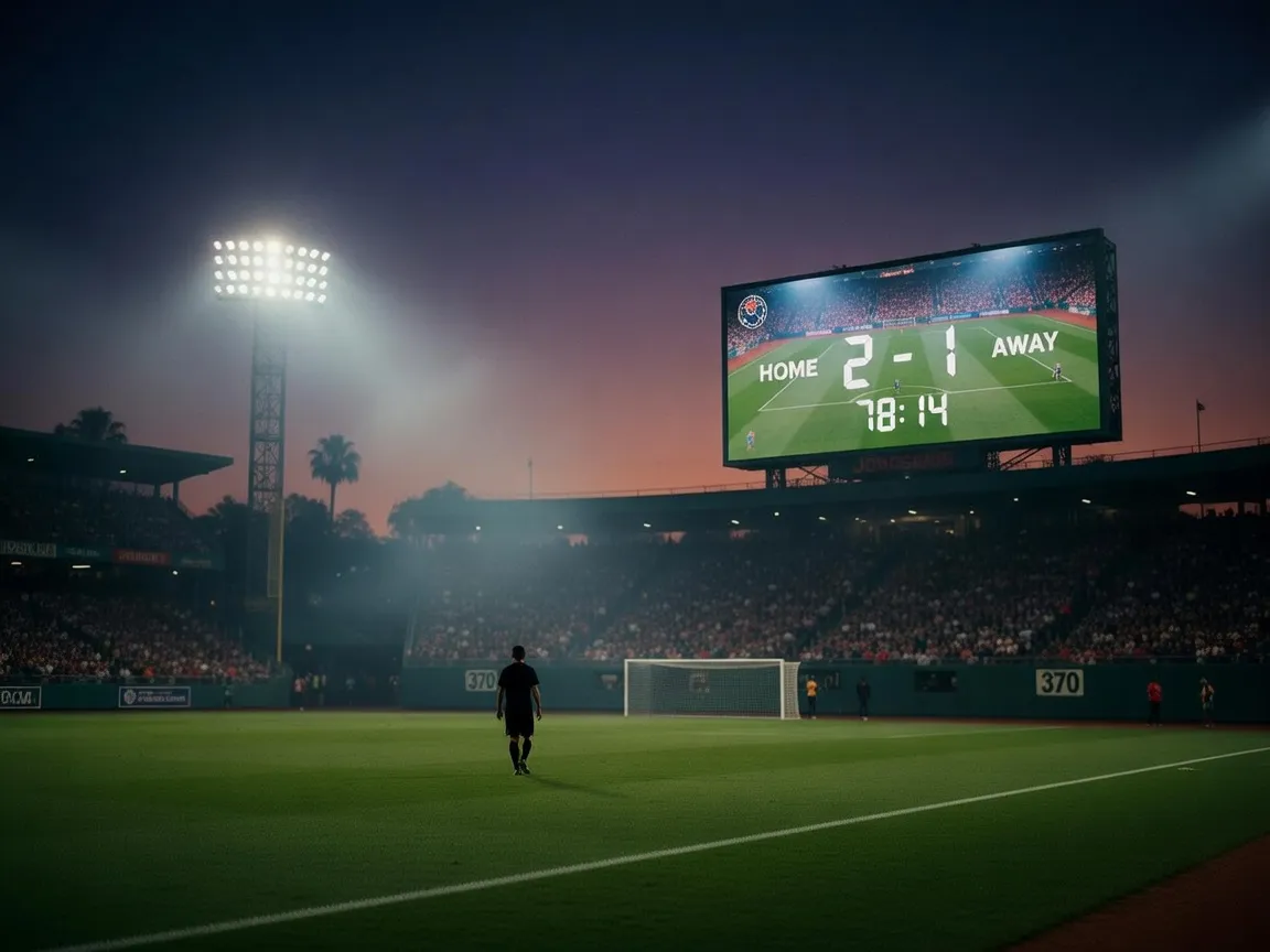 Stadium jumbotron with a live scoreboard by Grok Imagine