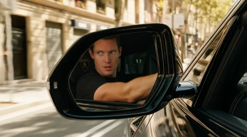 Automotive-grade trailer system unifying eight worlds through a driver framed in a wing mirror on a city street