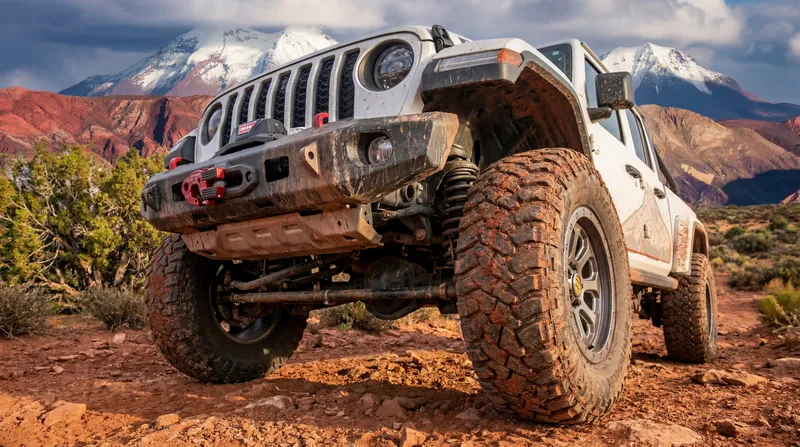 A cinematic off-road commercial system blending real WARN hardware footage with AI-generated terrain