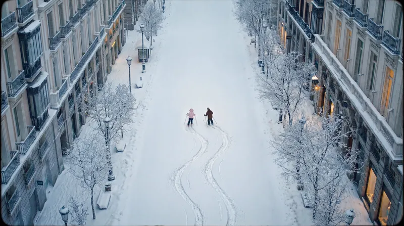 Two people cross-country skiing down a snow-covered Madrid street