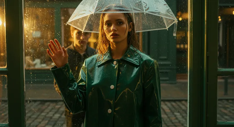 Woman in a green patent raincoat under a clear umbrella in the rain