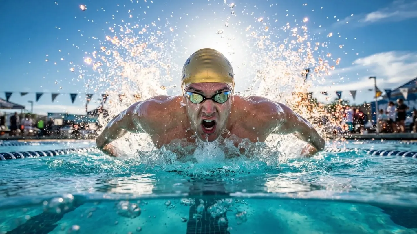 Male swimmer performing the butterfly stroke with backlit water splashing, generated with Nano Banana 2 Lite