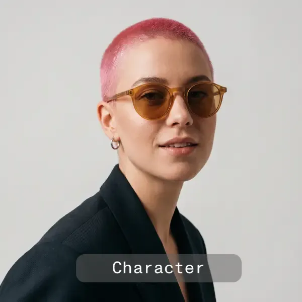 Character reference: a young woman with a pink buzzcut and amber sunglasses